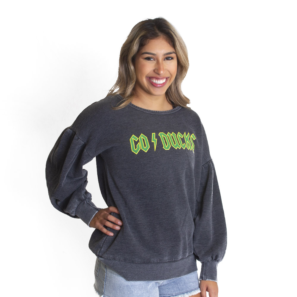 Go Ducks, chicka-d, Grey, Pullover, Cotton Blend, Women, Puff Sleeve, Electric Font, Pullover, 723848